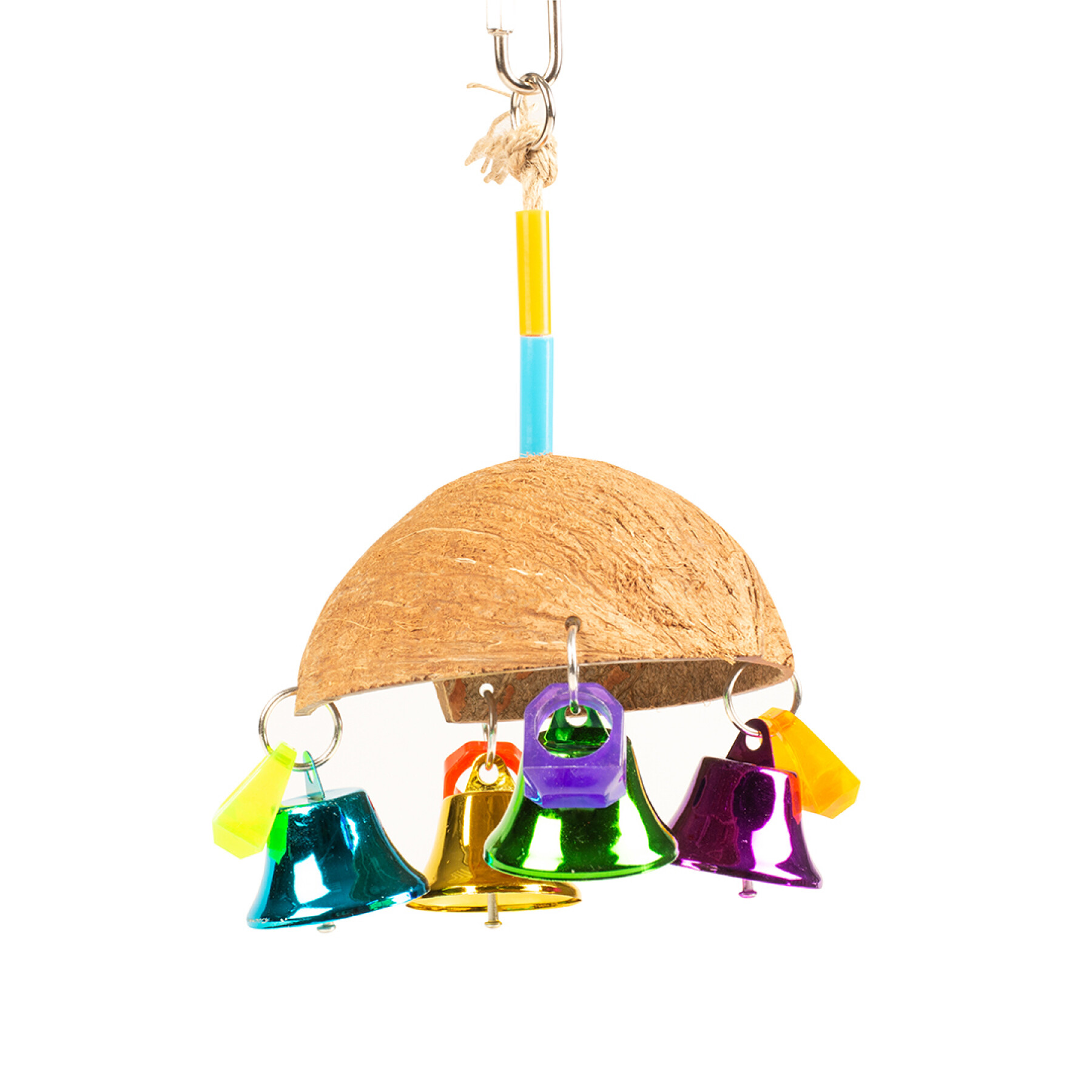 Vogelspielzeug Regenschirm Kokosnuss bunt mit Glocken Duvoplus